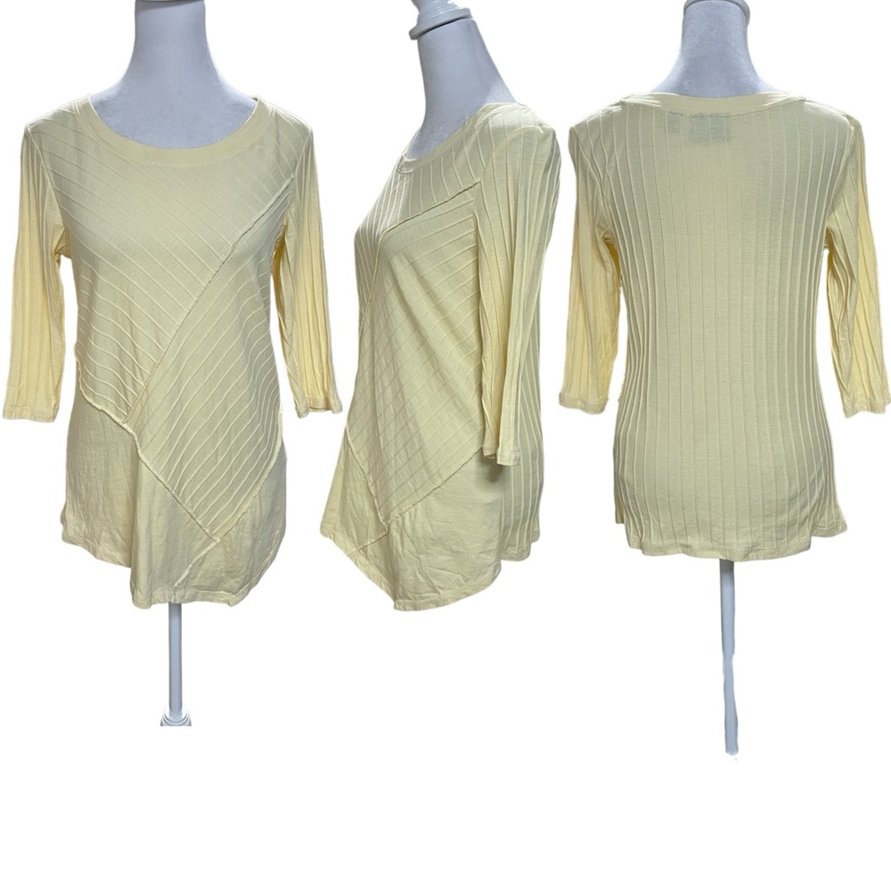 Onque Casual Pale Yellow 3/4 Sleeve High Low Ribbed Blouse Size PS